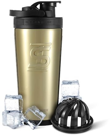 Ice Shaker Isolierte Edelstahl-Shaker-Flasche, 750 ml, goldfarben, kalt für 30+ Stunden, isolierter Becher mit Rührwerk zum Aufdrehen, geruchsfreie Flasche für Protein-Shakes, Wasser, Smoothies,