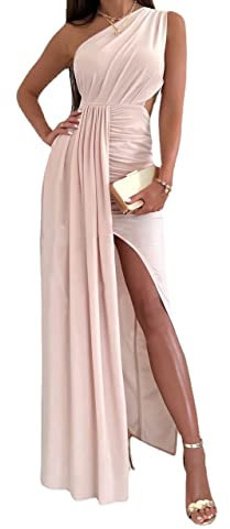 Femmes Sexy Une Épaule Plissée Slim Fente Longue sans Manches Enveloppe Plissée Haute Split Robes De Demoiselle d'honneur De Mariage sans Manches Robe Fente Enveloppante (Rose,L)