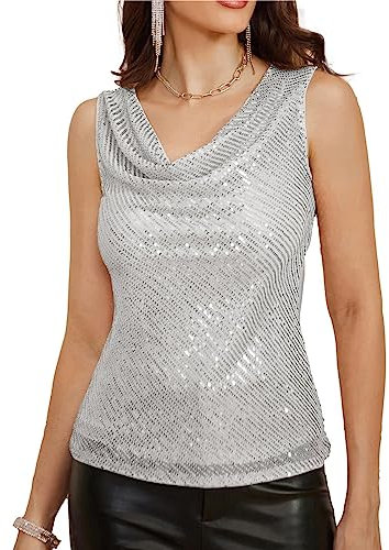 GRACE KARIN Damen Übergröße Enges Party Elegant Oberteil Pailletten Ärmelloser Neckholder V-Ausschnitt Sexy Sequin Tank Top Silber Weiß L