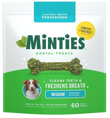 Minties Dental Chews for Dogs, 60 Count, Vet-Recommended Mint-Flavored Dental Dog Treats for Medium Dogs, Bones Clean Teeth, Fight Bad Breath, and Removes Plaque and Tartar