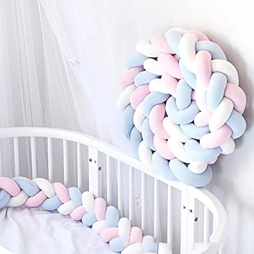 Hovoto Bettschlange Geflochten, Bettschlange, Kantenschutz Bettumrandung Knotenkissen, Seitenschläferkissen, Bettschlange Baby, Zierkissen Stillkissen, weißes Puderblau,4m