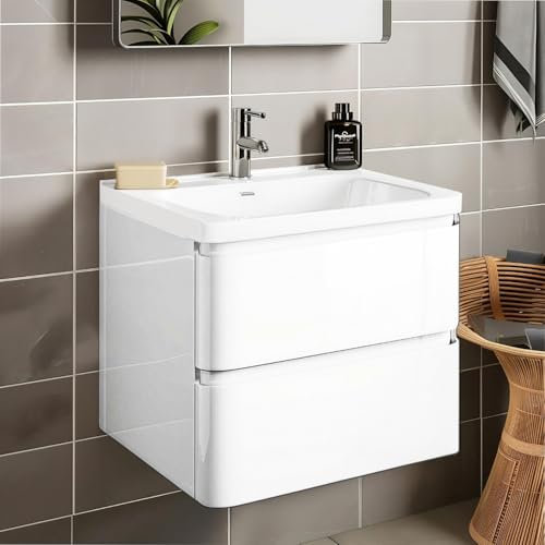 Go Bathrooms Newbold 600mm Gloss White Vanity Unit Includes Resin Basin Wall Hung Storage Unit Bathroom Sink Unit