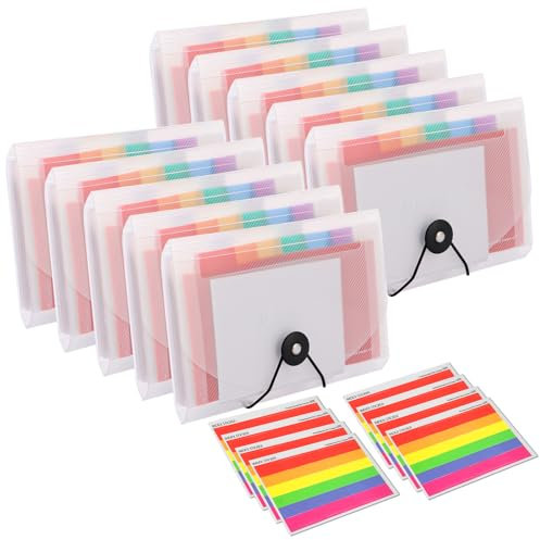 MUXHEL 8PCS Flashcard Organiser A6 Flash Card Holder with Colored Labels 13 Pockets Expandable Revision Card Holder A6 Expanding File Folder for Flash Card-18.5 x 13.5 x 1.5 cm