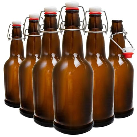 ELAORY Flip Top Glass Bottle, 6 Pack Swing Top Glass Bottles with Airtight Lids,16 Oz Amber Glass Bottle with Lids, Beer Bottles for Home Brewing and Wine Bottling, Kombucha, mead,2nd Fermentation