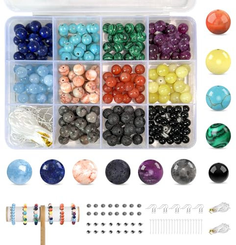 Hengxinchen 210 Stück Edelstein Perlen 6mm&8mm, 11 Sortierte Mehrfarbig Edelsteine Steinperlen Perlen zum Auffädeln mit 5 Arten Zubehör, Perlen für Armbänder Erwachsene Schmuck Basteln Auffädeln