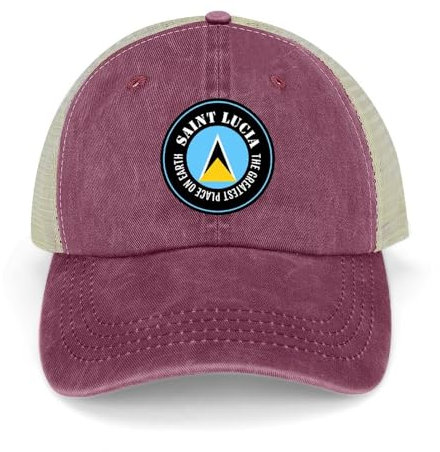 Yelolyio The Greatest Place On Earth Saint Lucia Adjustable Mesh Back Cap Saint Lucia Flag Baseball Caps Country Pride Mesh Baseball Cap Retro Washed Trucker Cap Breathable Sun Hat, weinrot, 1-5
