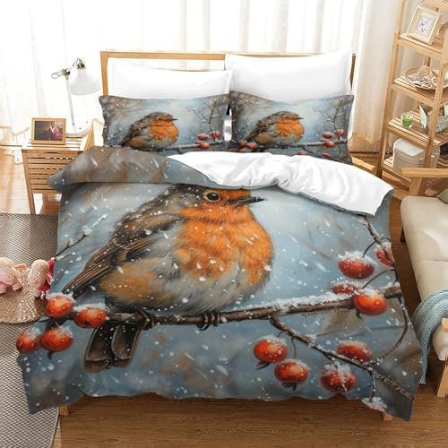 KAYZTGSDA Rotkehlchen-Bettwäsche-Set, 3-teilig, Hotelqualität, Bettbezüge mit Kissenbezügen mit Reißverschluss, hypoallergen, weiche, atmungsaktive Mikrofaser, Einzelbett (140 x 200 cm)