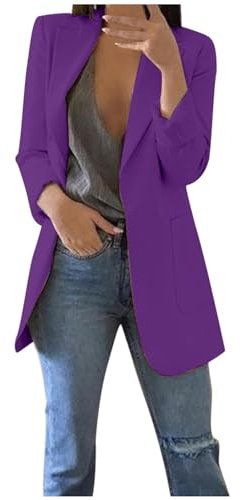 Rrongwn Blazer, giacca da donna da lavoro, traspirante, per lavoro, ufficio, giacca elegante, sottile, leggera, sportiva, tinta unita, aperta, viola scuro, S