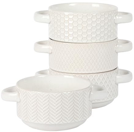 Gibson Elite Oyster Tide Embossed 6 Inch Soup Bowls with Handles. French Onion Soup Crocks, Stackable Soup Bowl, Chili, Beef Stew Reactive Glaze Stackable Ceramic Bowl, Set of 4, White