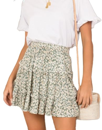 EMOTTOS Jupe Courte Évasée pour Femmes, Boho Mini Jupe Patineuse Plissée à Taille Haute et à Imprimé Floral Élastique Cordon de Serrage, Jupe Florale Flottante Ourlet Volanté, Jaune/Vert/Rouge, S-L