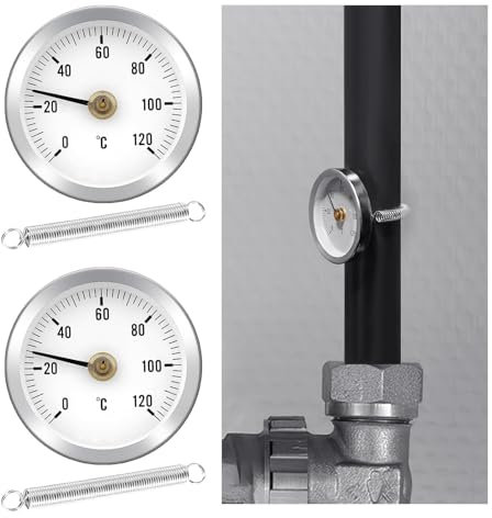2Pcs Clip On Hot Water Pipe thermometer 0-120C, 63MM, Bimetal, Stainless Steel Surface Contact, Balancing Temperature Gauge for Accurate Hot Water Pipe Temperature Monitoring