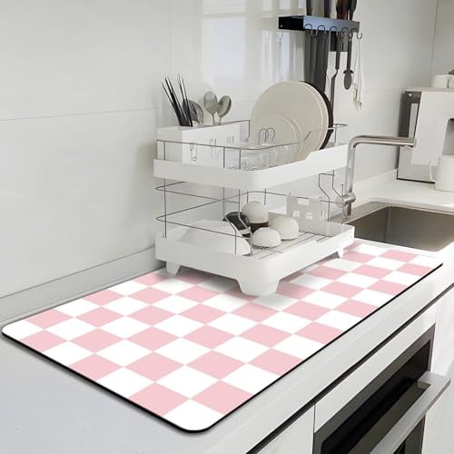 Checkered Dish Drying Mat for Kitchen, 40 x 60CM Coffee Bar Mat for Countertops, Coffee Station Mats with Non-Slip Rubber Backed, Absorbent Dish Dying Mat for Kitchen Counter, Pink & White