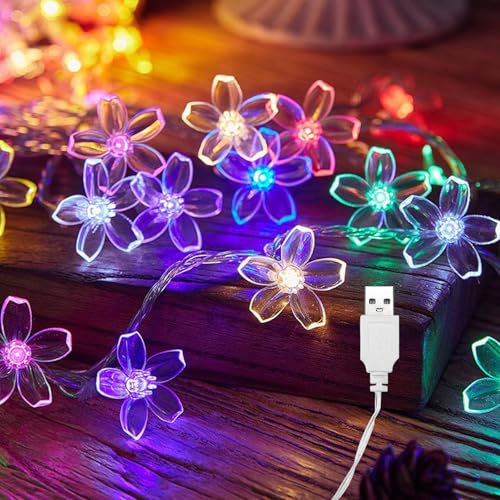 ENLACE LED Lichterkette Kirschblüten, 3M 20 LED Lichterkette Blumen mit USB, Bunt Blumen Lichterkette für Garten, Hochzeit, Innen, Außen, Terrasse, Bäume, Weihnachten, Party Deko