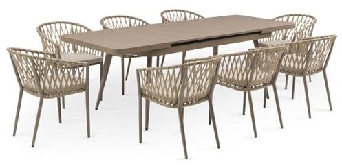IDIMEX Gartenmöbel Set Sunny mit 1 ausziehbaren Esstisch und 8 Stühlen, Esstisch Gestell aus Alu in Champagner, Seilbespannung der Stühle in beige, Essgruppe inkl. Sitzkissen, Terassenmöbel