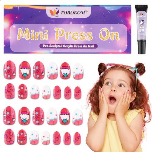 TOROKOM Kinder Kunstnägel mit Nagelkleber - 26 Stück Press-on Nägel für Kinder, Kurze Vollcover Kunstnägel für Mädchen zu Geburtstag, Party, Weihnachten (Rosa Süßigkeiten)