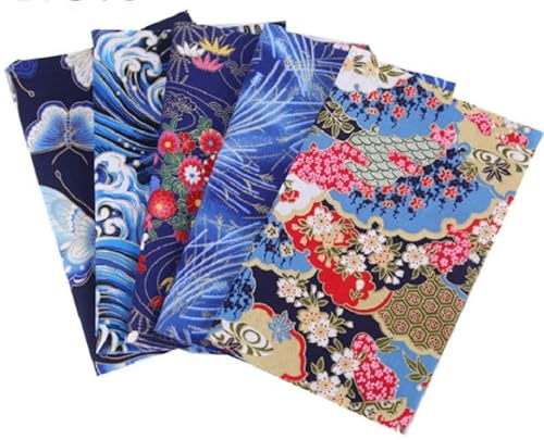 Lot de pièces de tissu en coton bleu imprimé japonais de fleurs et papillons - 5 pièces, 50x40 cm/19,7x15,7 pouces - Tissu japonais en polyester pour couture, furoshiki, emballage, art et bricolage