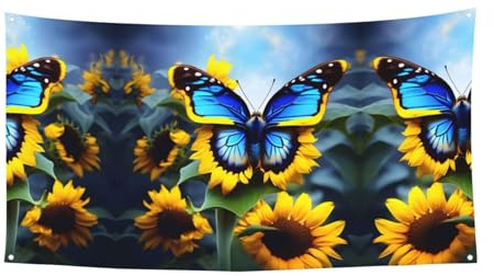 Bedrucktes Banner mit Sonnenblumen-Motiv und blauem Schmetterling, 180 x 90 cm