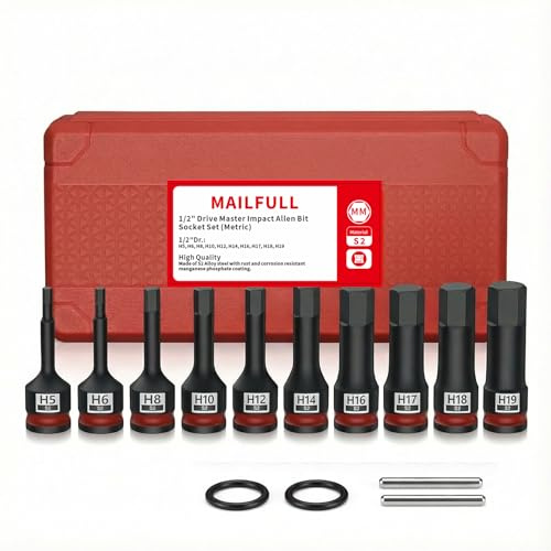 Mailfull 1/2 Kraft Schlagschrauber Nüsse Satz 10 Tlg S2-Stahl H-Inbus Innenvielzahn Steckschlüssel H5 - H19 mit Kunststoffkoffer für Schlagschrauber