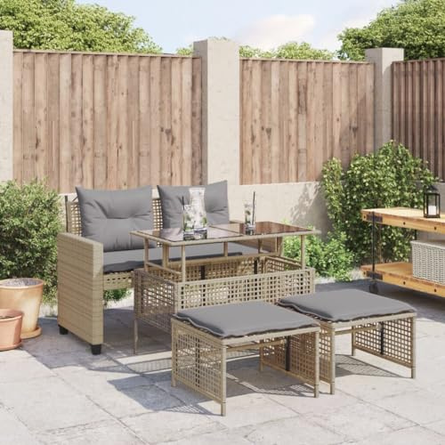 Runheo 4-TLG. Garten-Sofagarnitur, Beige Poly Rattan mit Kissen, Verstellbarer Glastisch für Terrasse, Balkon, UV-beständig, Outdoor-Möbel-Set