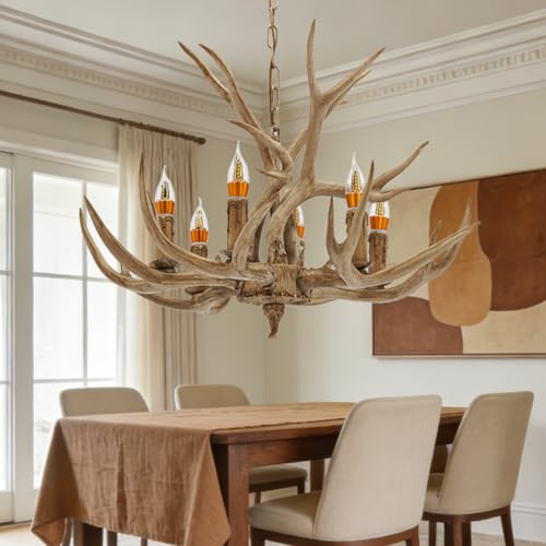 TONFEION Harz Geweih Kronleuchter 6-Licht, Pendelleuchte Esstisch E14, Hirschgeweih Moderne Deko, 220V Hängelampe Höhenverstellbar 100cm, Deckenlampe für Wohnzimmer, Café, Bar