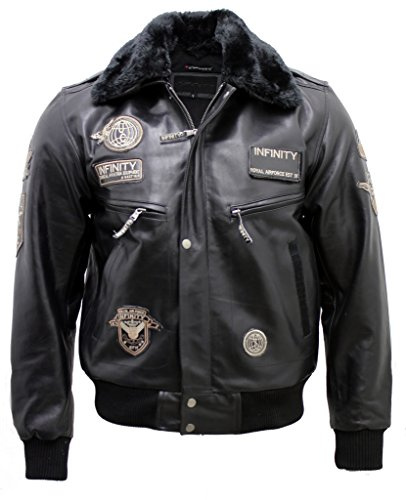 Infinity Men's Black Cow Hide Leather Flight Bomber Jacket with Detachable Collar S