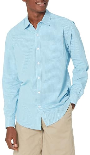 Amazon Essentials Men's Regular-Fit Long-Sleeve Casual Poplin Shirt, Aqua Blue Gingham, L