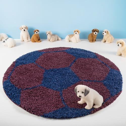 Teppium Kinderteppich Hochflor 100 cm Rund Marineblau - Fussball Teppich für Jungen und Mädchen, Extra Weich, Flauschig und 30 mm Florhöhe - Teppiche fürs Kinderzimmer, Babyzimmer und Spielzimmer
