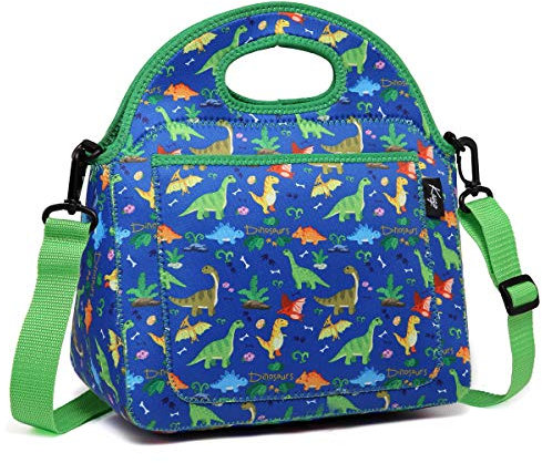 Kasgo Lunch Bag for Kids, Neoprene Insulated Dinosaur Boys Lunch Boxes Children’s Lunch Tote with Front Pocket and Detachable Adjustable Shoulder Strap