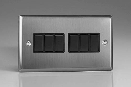 Varilight 6-Gang Light Switch 2-Way - Classic Brushed Steel With Black Rockers