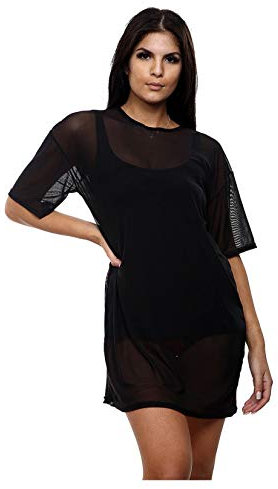janisramone® Women's Short Sleeve Fishnet Top Sheer Mesh Oversized T Shirts for Women Soft & Comfortable Longline Tunic Baggy Tops for Women UK - Chic Women's T-Shirts