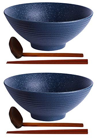 Kanwone Japanische Ramenschalen-Set, Suppenteller, 1,7 l, mit passenden Löffeln und Stäbchen für Udon Soba Pho asiatische Nudeln, 2 Stück, Marineblau