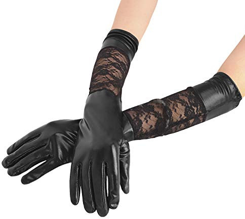 Faxianther Afinder Damen Lange Spitze Handschuhe Lederhandschuhe Wet Look Leder-Optik Handschuhe Sexy Abendhandschuhe Winter Warm Brauthandschuhe