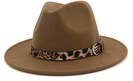 QUUPY Panama-Hüte für Damen, breite Krempe, Filz, Fedora-Hüte mit Leoparden-Gürtelschnalle, khaki, 6 7/8/7 1/8
