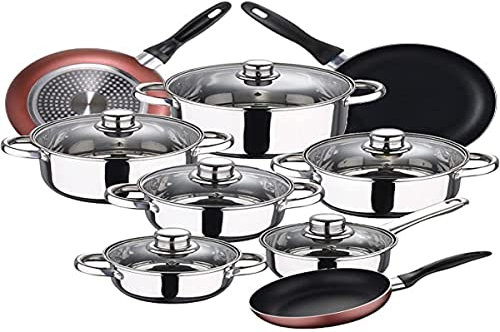 Bateria de cocina 12 piezas SAN IGNACIO Cassel, acero inoxidable, con juego sartenes (16/20/24 cm) RENBERG Paradise en aluminio prensado