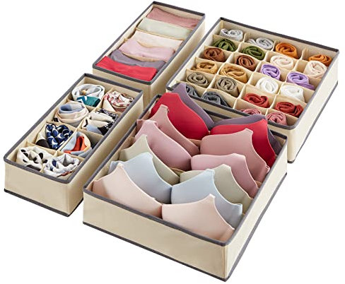 Lifewit Schrank Schublade OrganizerTeiler für Unterwäsche, 4 Stücke, faltbare Kommode Organizer und Aufbewahrungsbehälter zur Aufbewahrung von Dessous, BHs, Unterwäsche, Khaki