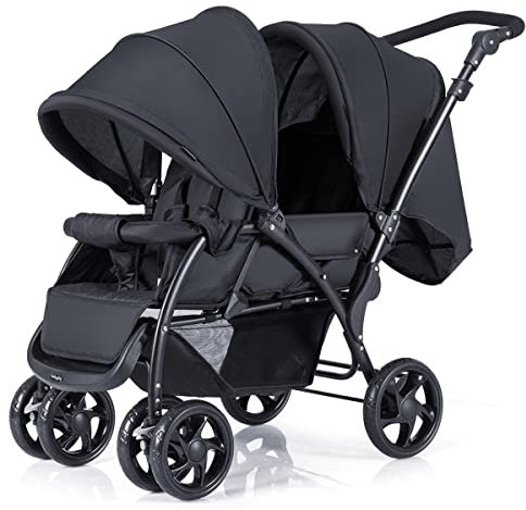 Maxmass Double Seat Baby Stroller, Folding Infant Pushchair with Adjustable Handlebar & Backrest, Storage Basket and Detachable Canopy, Travel Toddler Buggy for Shopping, Hanging Out (Black)