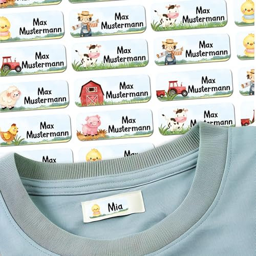 Sunnywall® 37 Selbstklebende Namensschilder & Namensaufkleber für Kleidung & Gegenstände - Waschmaschinenfest | Ideal für Kinder, Schule und Kita (3,8x1,4 cm) Bauernhof Tiere