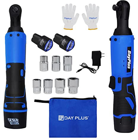 EFAN 12V 3/8'' Cordless Electric Ratchet Wrench, 40N.m, 90° Right Angle Power Wrench Tool Kit with 2 Packs Batteries, Fast Charge, 7 Sockets - Blue