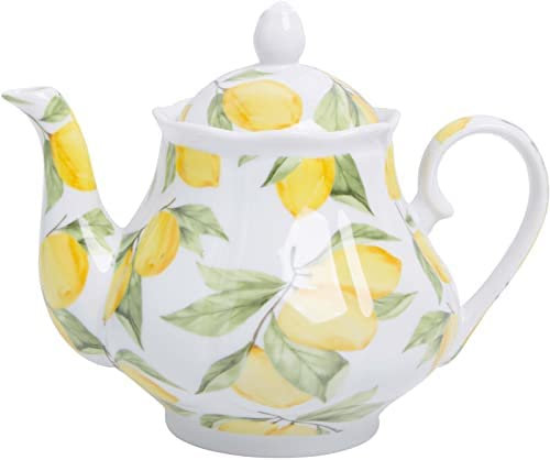 Palais Essentials European Style Ceramic Teapot, 37 oz Capacity, Porcelain, Vintage, Gift (Lemon)