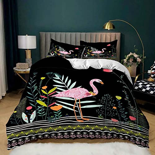 Housse de Couette 220x240 Flamant Rose Noir Parure de Lit 220x240 Adulte Mou Microfibre Anti-Acariens Allergie,Respirant Parure Housse Couette 220x240 avec Fermeture Eclaire+2 Taie Oreiller 50x75