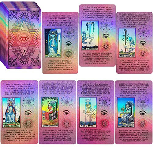 Smoostart Holographische Tarotkarten aus PVC mit Bedeutungen darauf, wasserdichtes, faltenfreies PVC-Tarotkartendeck aus luxuriöser Goldfolie mit Ratgeber und exquisiter Box für Anfänger