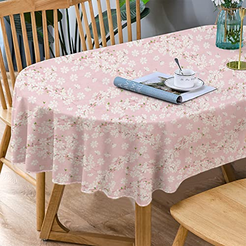 Bnejvif Pink Sakura Floral Tablecloth - Pink Flowers Print, Spring/Summer, Waterproof, Wrinkle Free, 54 x 72 Inch for Oval Tables