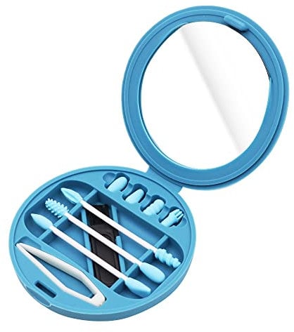 VOANZO Tamponi di Cotone riutilizzabili Tamponi di Silicone Portatili Lavabili con Specchio per Trucco Pulizia dell'orecchio Bellezza (Blu)