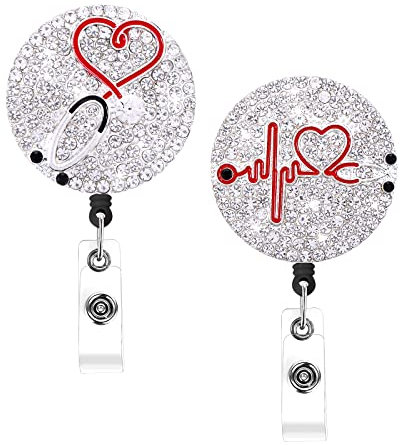 Prasacco 2 Stück Ausweishüllen, Einziehbare Abzeichenhalter Krankenschwester Badge Halter Retractable Badge Reels mit glitzernden Strasssteinen für Ärzte, Krankenschwestern, Freiwillige (2 Stile)