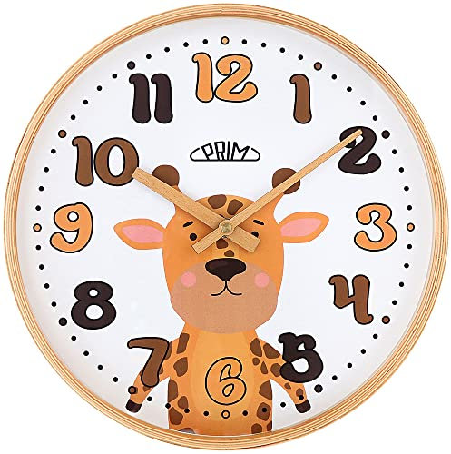 PRIM Design Kinder Wanduhr aus Holz, Made in EU, Holz-Rahmen, Motiv Giraffe, Bunte Zahlen, Quarz-Uhrwerk, Moderne Wanddeko, Runde Kinder Uhr, ∅ 300 x 45 mm, für Kinderzimmer, Kindergarten, die Schule