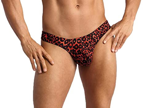 Herren String in schwarz rot aus glatten blickdichtem Stoff mit Animal Leoparden Print Männer Tanga halbtransparent