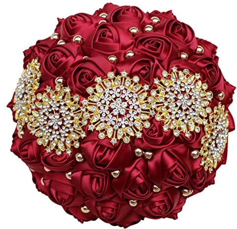 Gkvszy Dunkelroter Brautstrauß mit Goldener Strassperle für Quinceanera Braut Brautjungfer Satin Rose Blumenbrosche Blumenstrauß Hochzeit Dunkelrot 18 cm