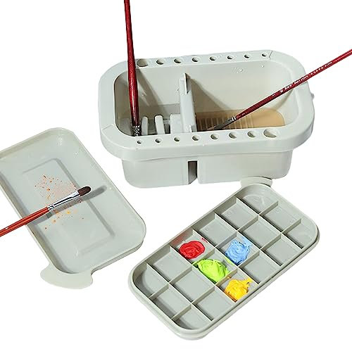 Omevett 3 in 1 Artist Paint Brush Washer Cleaner Pot Plastic Art Paint Brush Basin Multifunctional Paint Brush Tub with Lid Palette and 16 Hole Brush Holder for Oil Acrylic Watercolor Painting