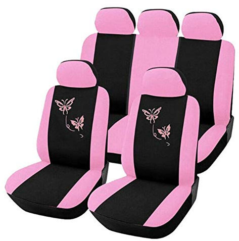 KAMIAK SitzbezüGe, 4/9pcs Set Rosa Autositzbezüge Mit Schmetterling Stickerei, Frau Sitzbezüge Automobil-Innen Zubehör (Color: 9pcs)