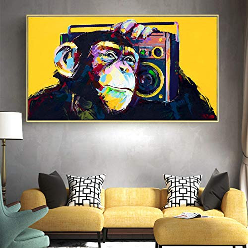 Zhadongli Art Großes Leinwandgemälde, Wandkunst, Poster, moderne Tierkunst, Affe, der Musik hört, Wohnzimmerbilder, Wanddekoration, 80 x 160 cm (31 x 63 Zoll), goldener Rahmen